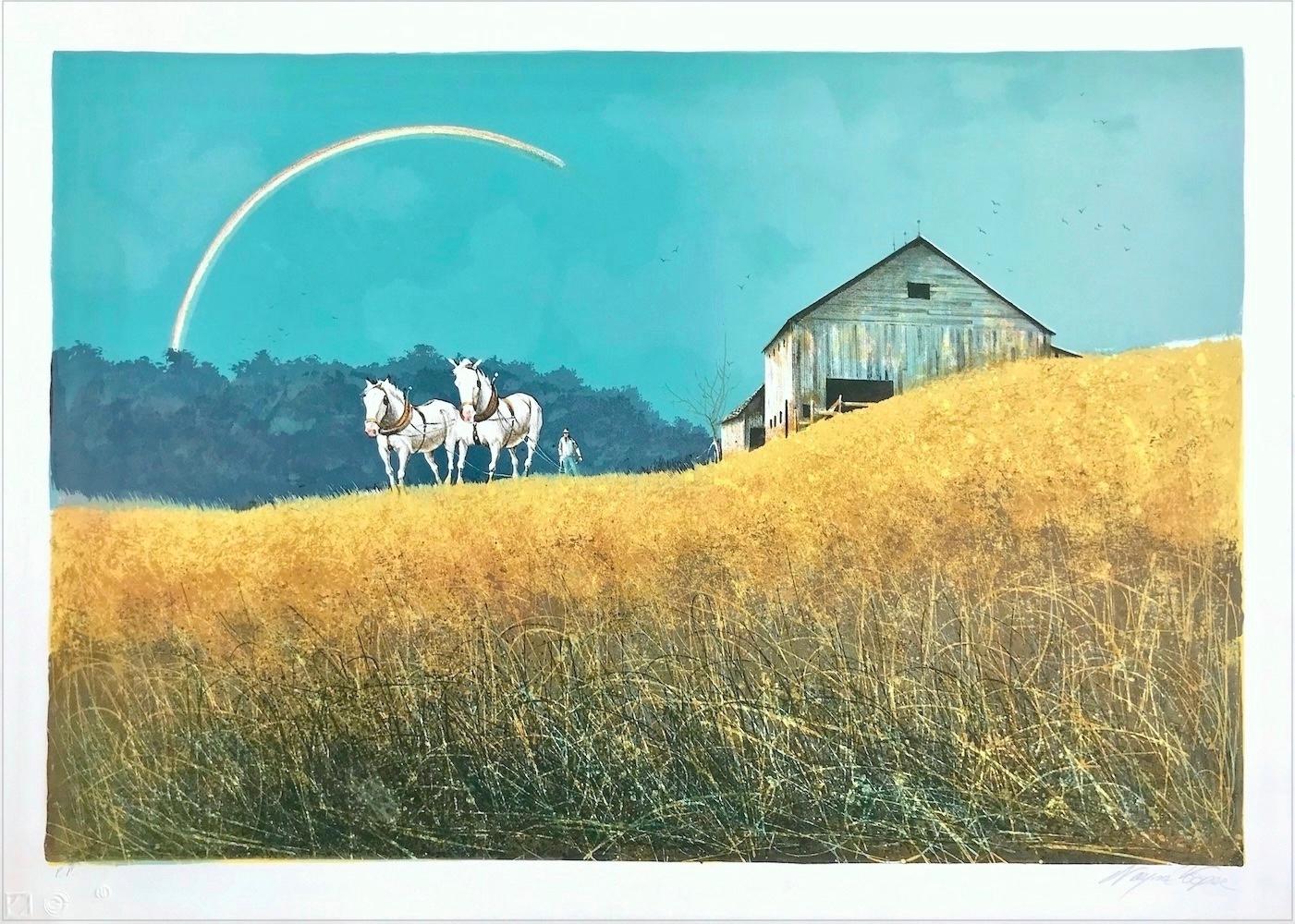 COOPER'S RAINBOW Litografía firmada, Paisaje de granja, caballos, campo dorado, granero - Print de Wayne Cooper