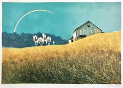 COOPER'S RAINBOW Litografia firmata, Paesaggio agricolo, cavalli, campo dorato, fienile