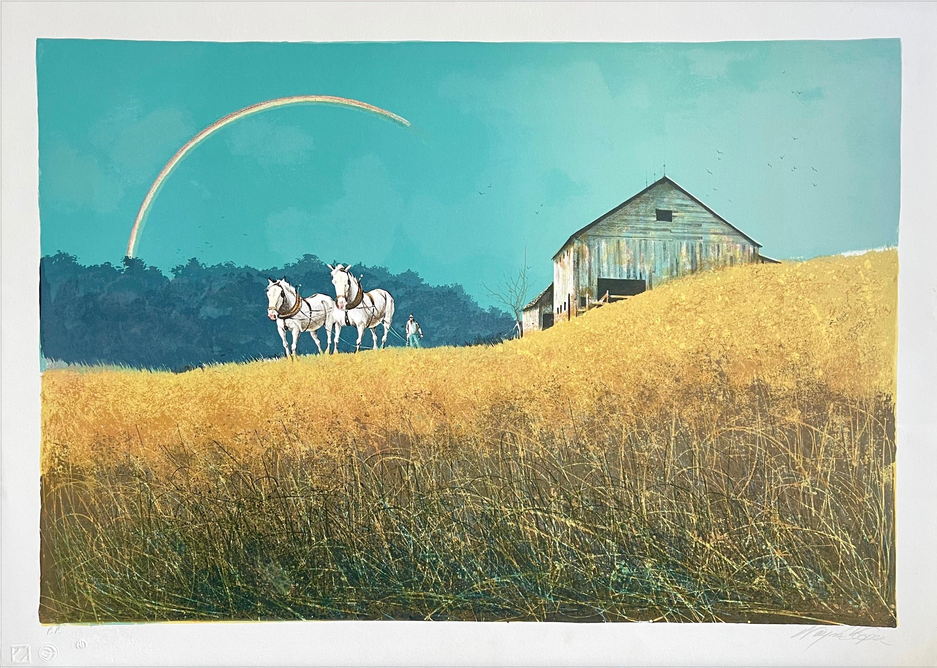 COOPER'S RAINBOW Signed Lithograph, Farm Landscape, Horses, Golden Field, Barn