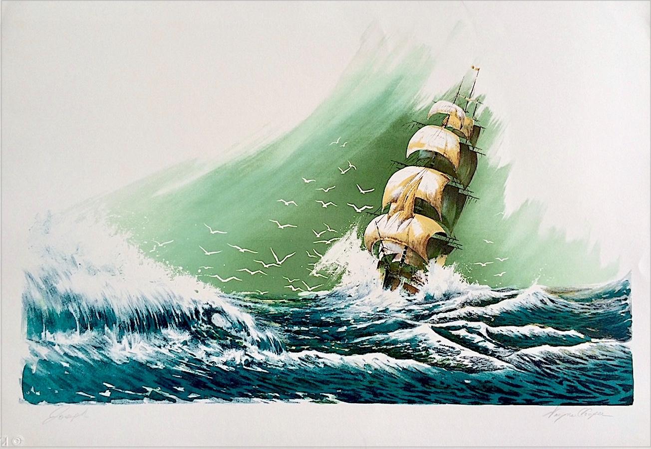 SEVEN SEAS Signed Hand Drawn Lithograph, Sailing Ship Portrait, Blue Ocean Waves - Realist Print by Wayne Cooper