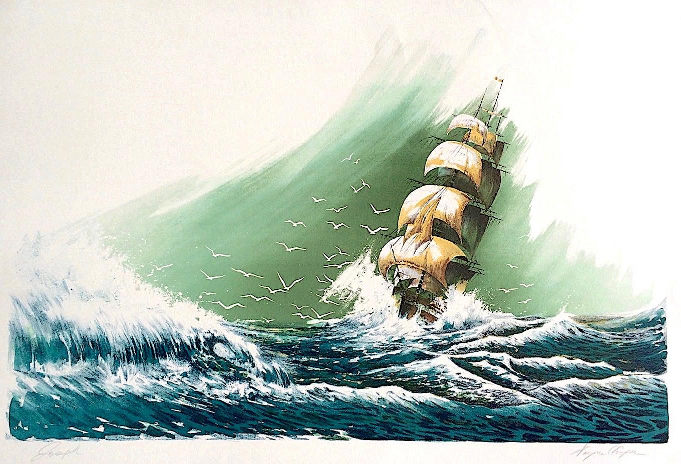 SEVEN SEAS Signed Hand Drawn Lithograph, Sailing Ship Portrait, Blue Ocean Waves - Print by Wayne Cooper