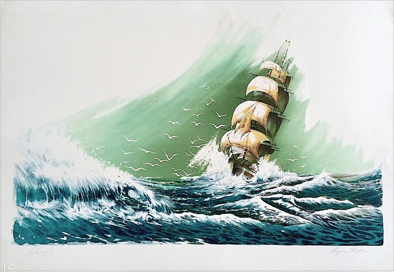 Wayne Cooper Landscape Print - SEVEN SEAS Signed Hand Drawn Lithograph, Sailing Ship Portrait, Blue Ocean Waves