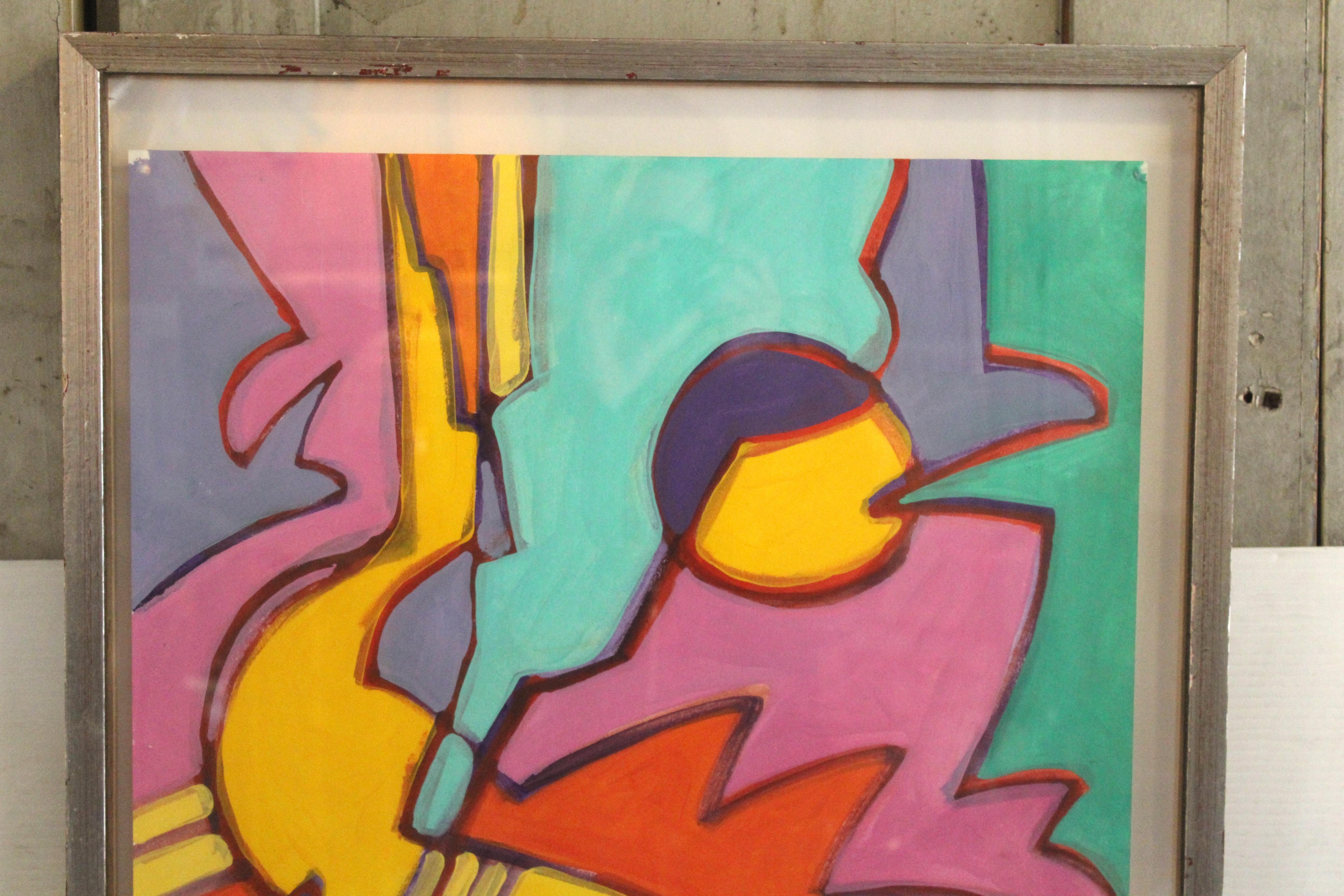 Lote de 3 cuadros del artista de Filadelfia Wayne Cunningham. Con gouache sobre papel en colores brillantes y destacados, haciendo formas y figuras abstractas. Dos conservan los títulos 