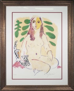 1989 Wayne Ensrud 'Nude Woman With Cat' Contemporary Pastel,Pink,Green,Red 