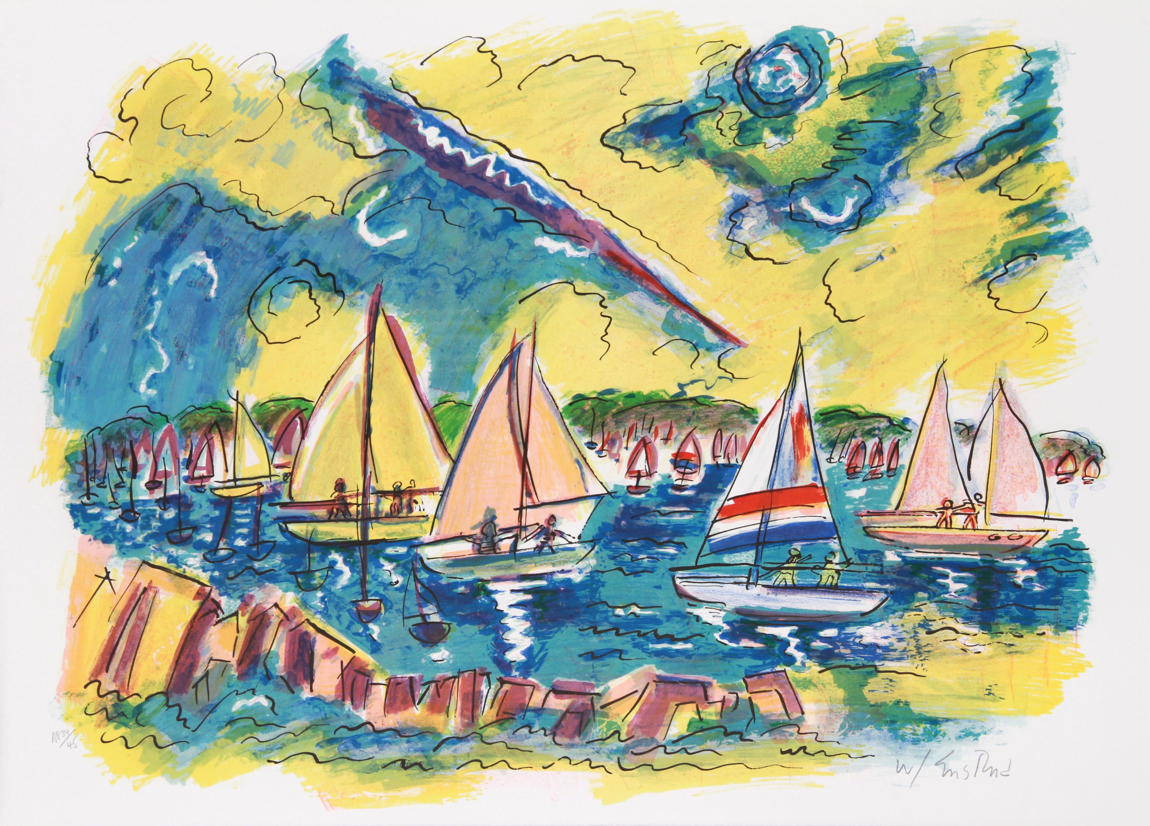 Afternoon Sails
Wayne Ensrud, American (1934)
Date: 1980
Lithograph, signed and numbered in pencil
Edition of 300
Image Size: 20.5 x 28 inches
Size: 21 in. x 30 in. (53.34 cm x 76.2 cm)