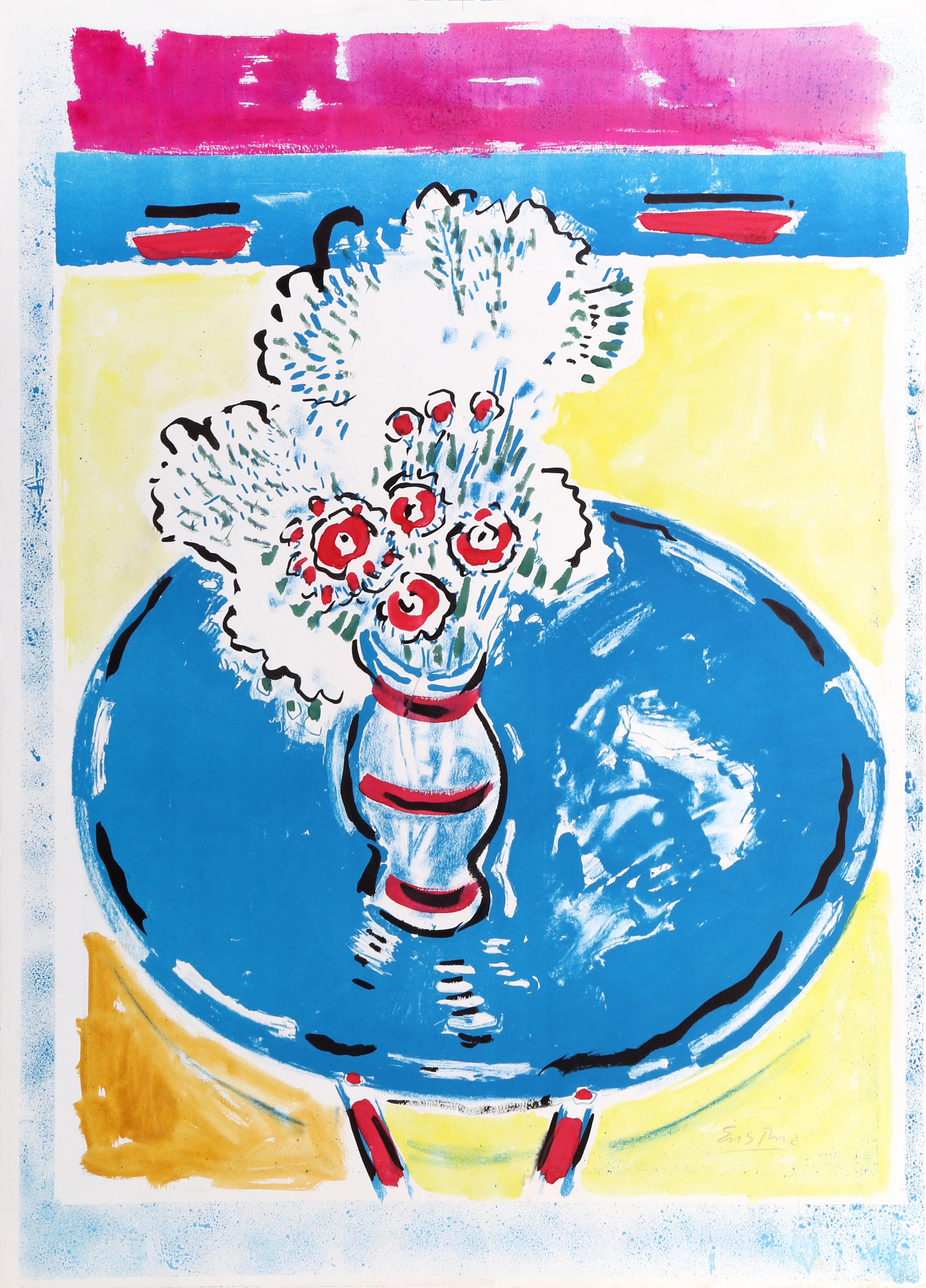 Blue Table 2, Impressionist Lithograph with Hand Coloring by Wayne Ensrud