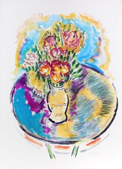 Table bleue, lithographie impressionniste peinte à la main de Wayne Ensrud