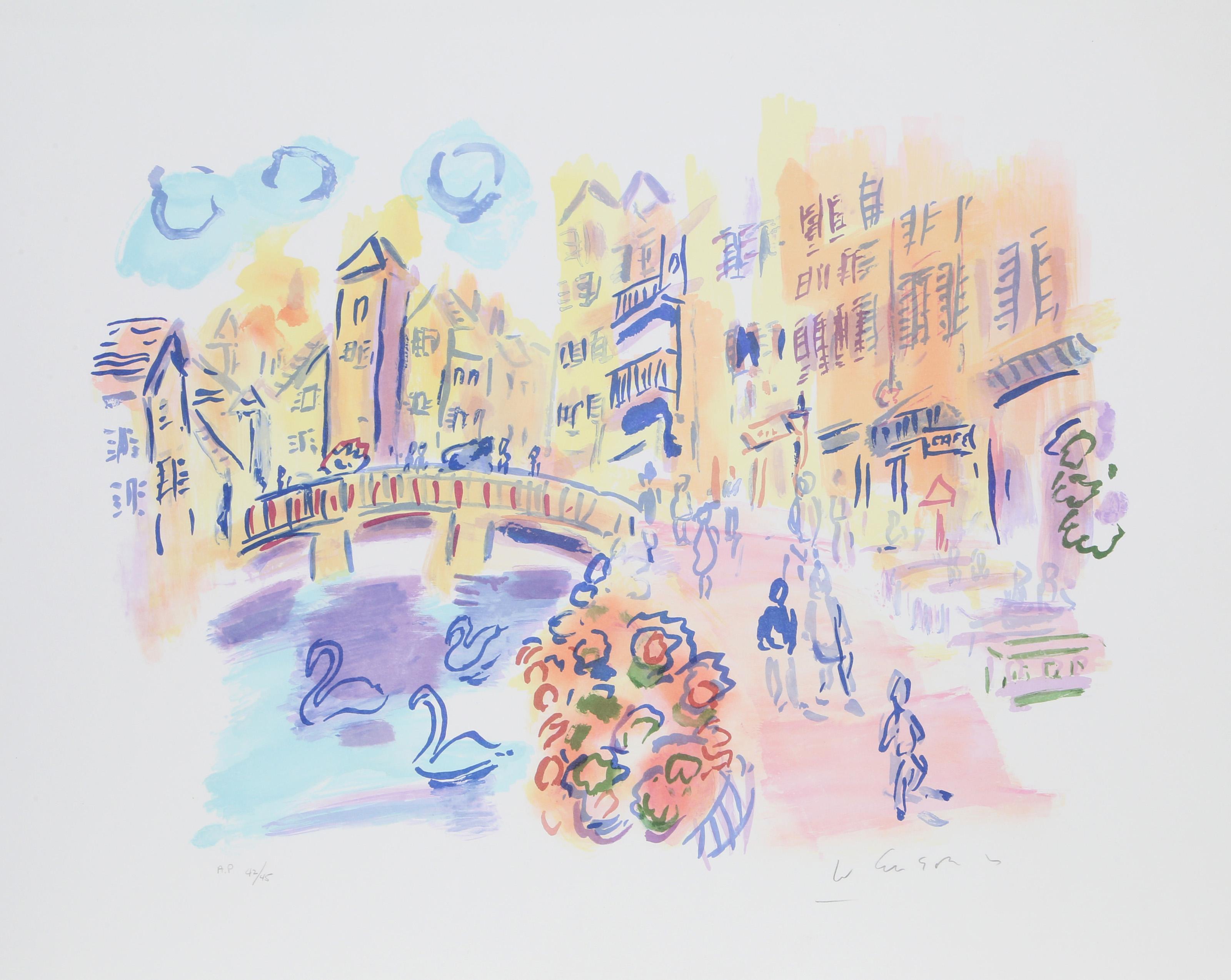 Wayne Ensrud, Amerikaner (1934 - ) - Brücke mit Schwänen, Jahr:  ca. 1980, Medium:  Lithographie, signiert und nummeriert mit Bleistift, Auflage:  AP 42/45, Größe:  23  x 29 in. (58.42  x 73,66 cm)