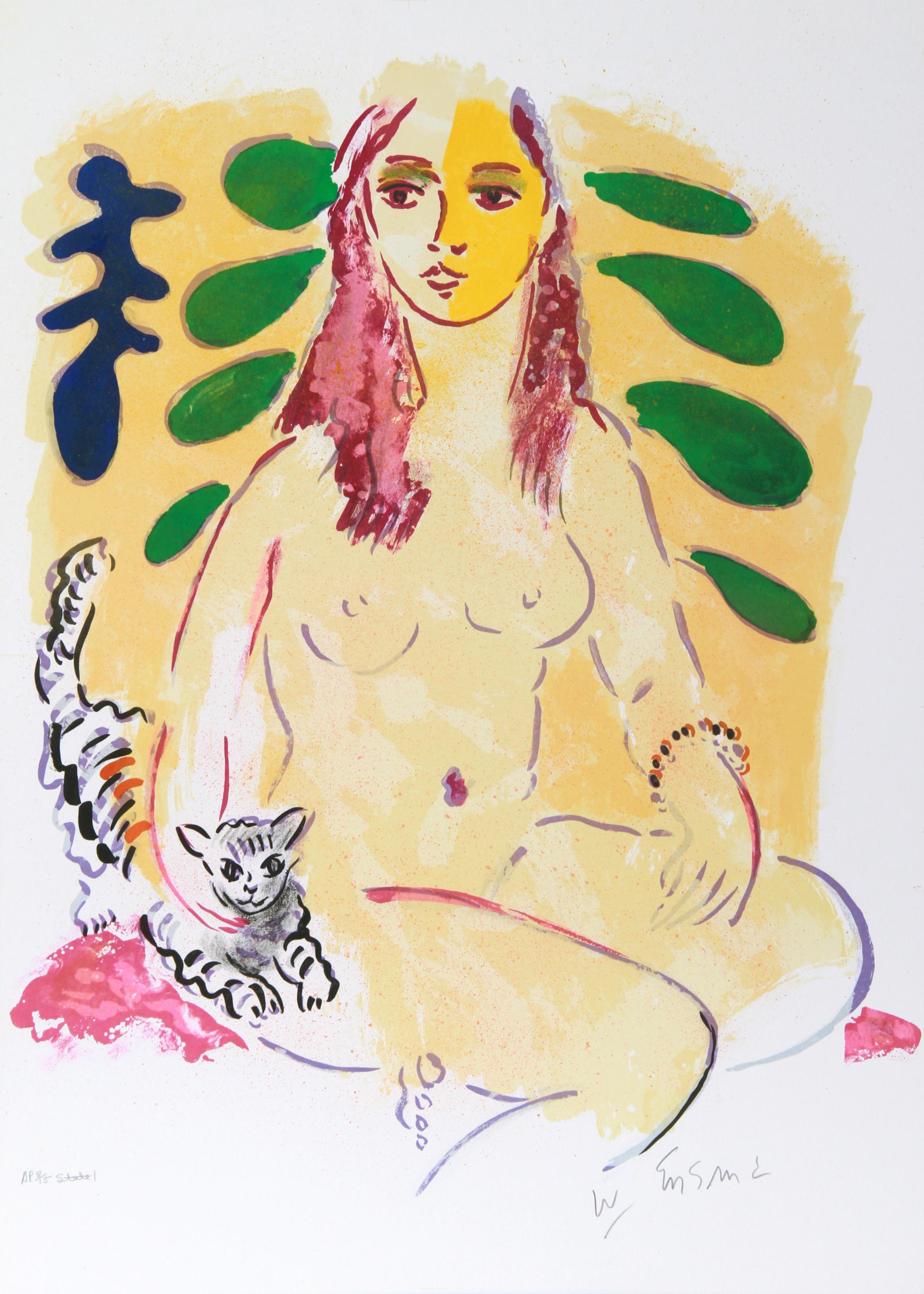 Lady With Cat, Impressionist Lithograph by Wayne Ensrud