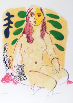 Dama con gato, litografía impresionista de Wayne Ensrud