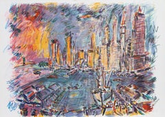 Manhattan from Brooklyn Bridge, lithographie impressionniste de Wayne Ensrud