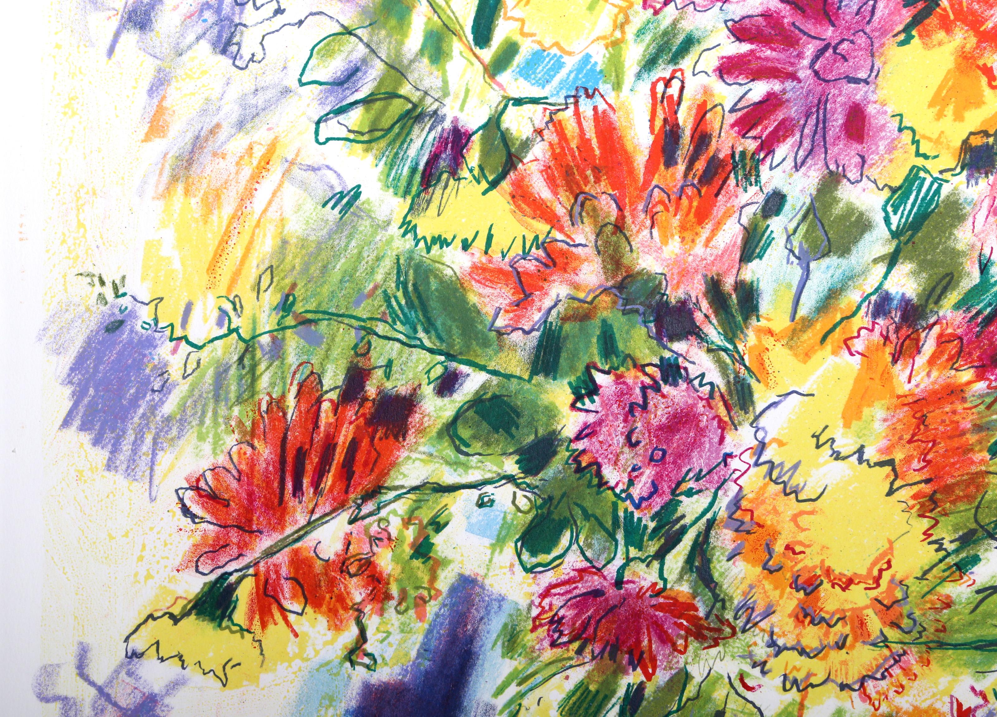 Bouquet multicolore, lithographie impressionniste avec coloration à la main de Wayne Ensrud en vente 1