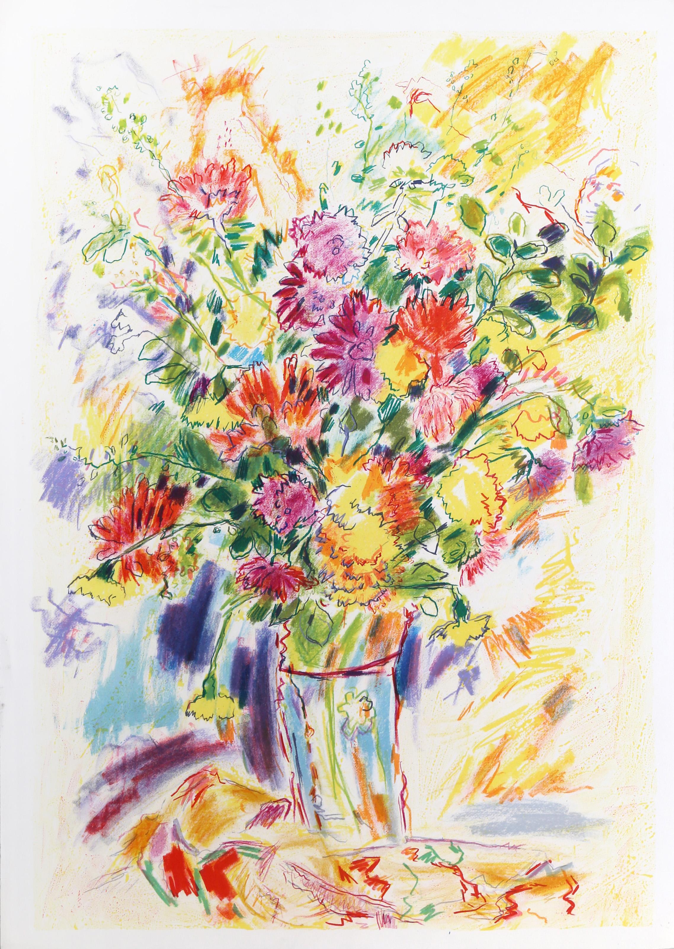 Bouquet multicolore, lithographie impressionniste avec coloration à la main de Wayne Ensrud