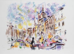 Piazza Navona, Rome, lithographie impressionniste de Wayne Ensrud