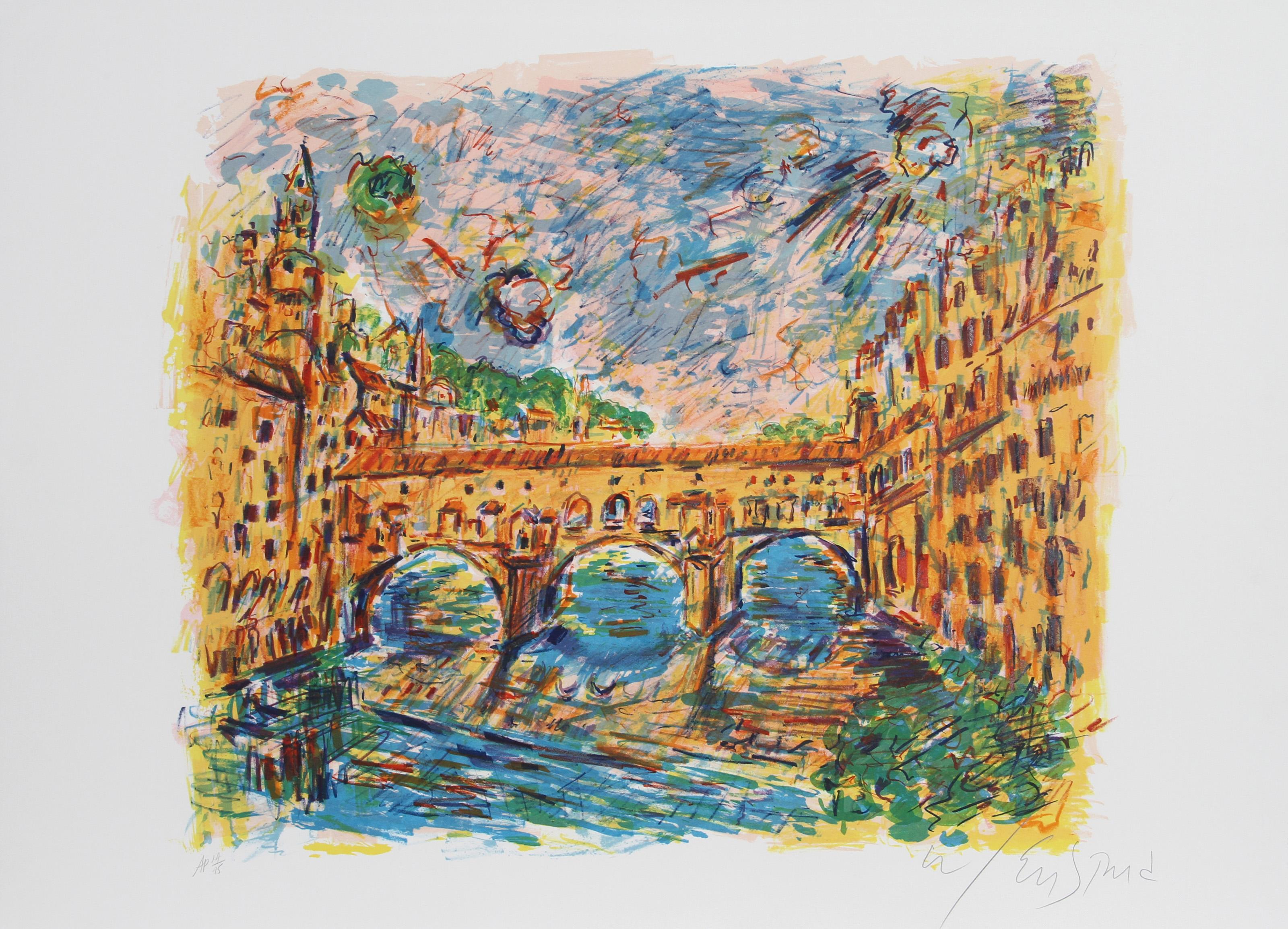Ponte Vecchio, impressionistische Lithographie von Wayne Ensrud