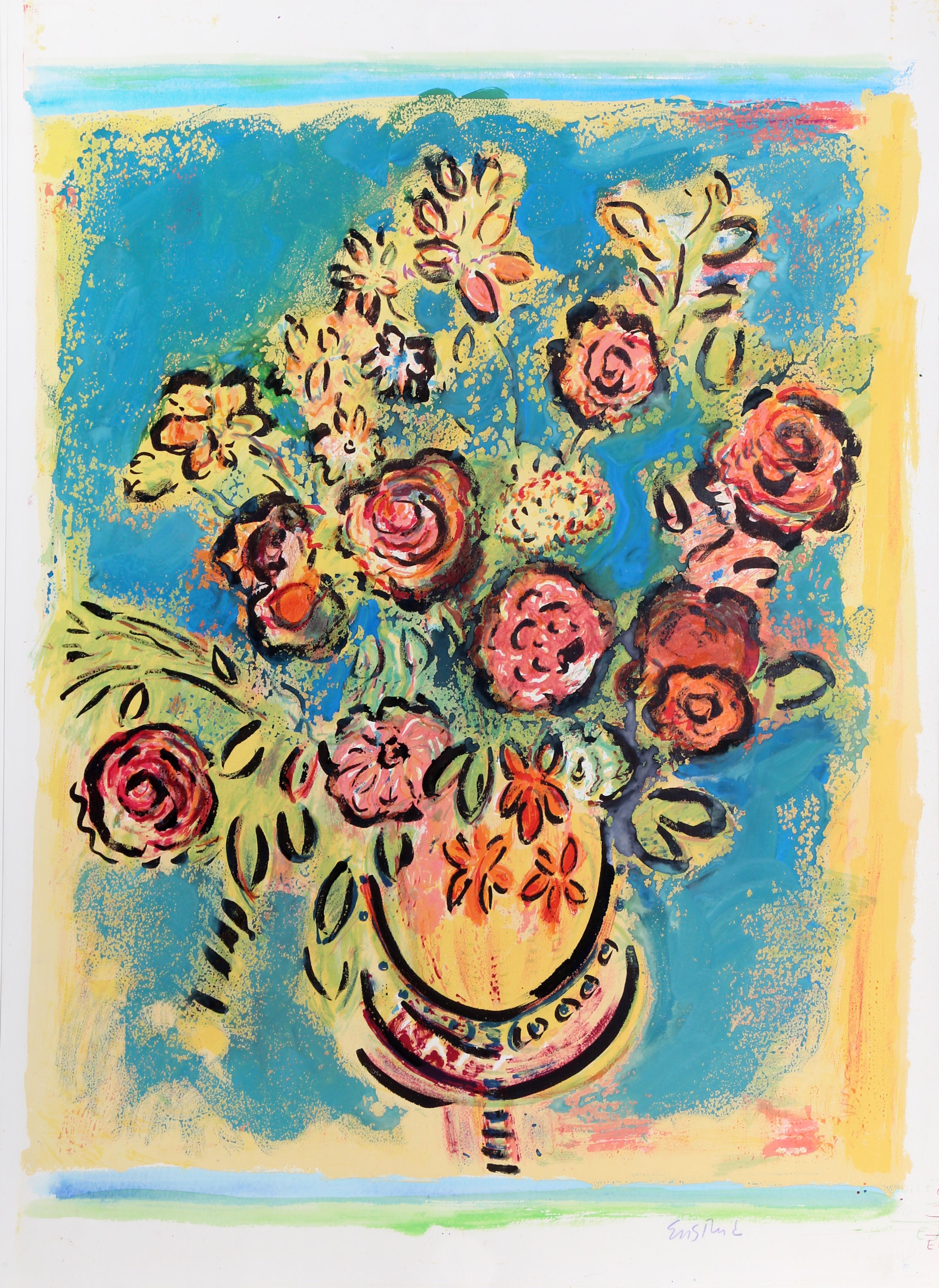 Lithographie unique peinte à la main d'un bouquet de fleurs coloré par Wayne Ensrud, américain (1934).
Dimanche tranquille (bleu)
Wayne Ensrud, américain (1934)
Date : 1980
Lithographie peinte à la main, signée au crayon
Taille : 35 in. x 26 in.