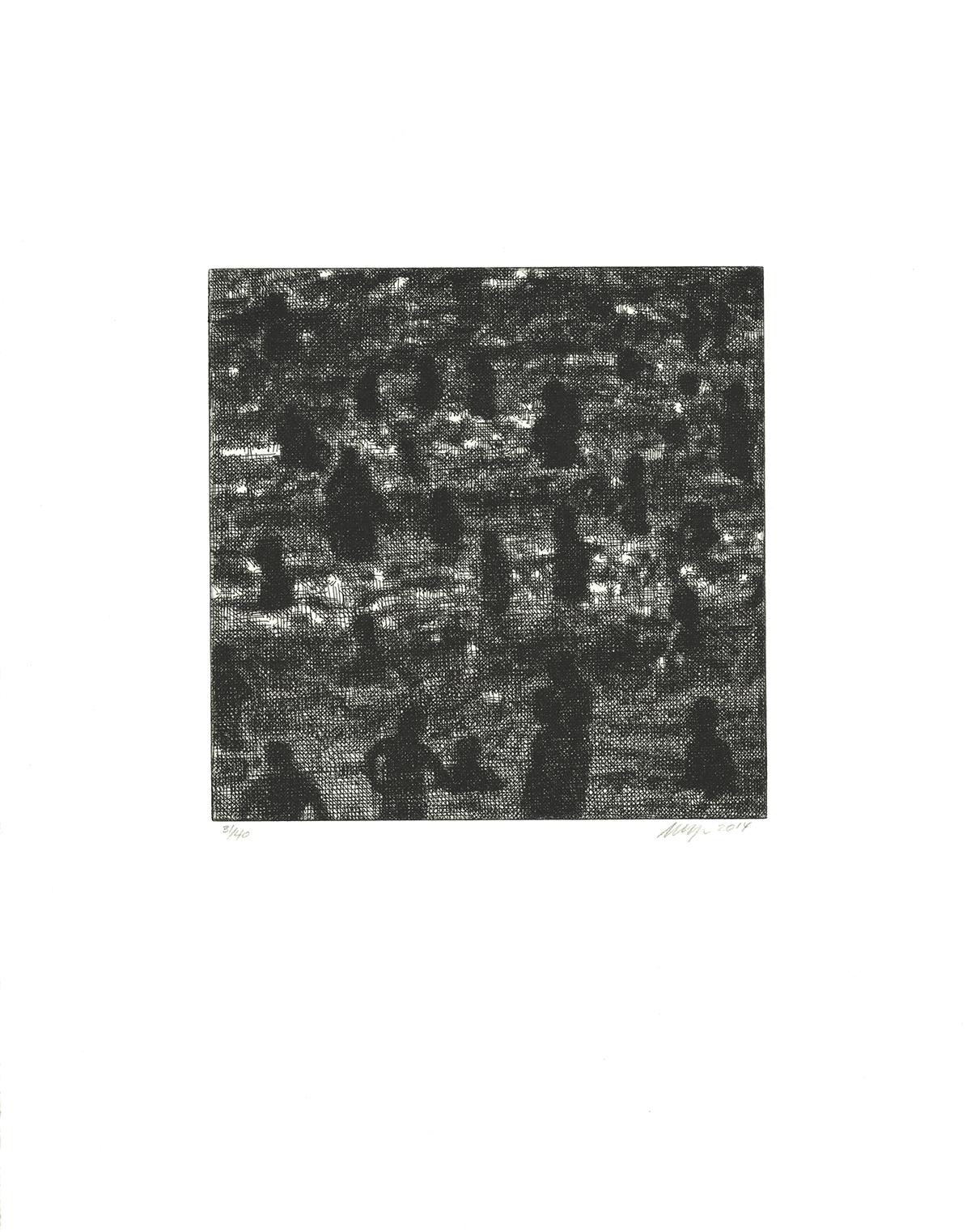 From Wayne Gonzales' Crowd portfolio, this copper plate etching titled Beach captures the dynamic scene of groups of swimmers and beachgoers entering the water. Printed on high-quality Hahnemuhle 300 GSM paper, this piece is part of a limited