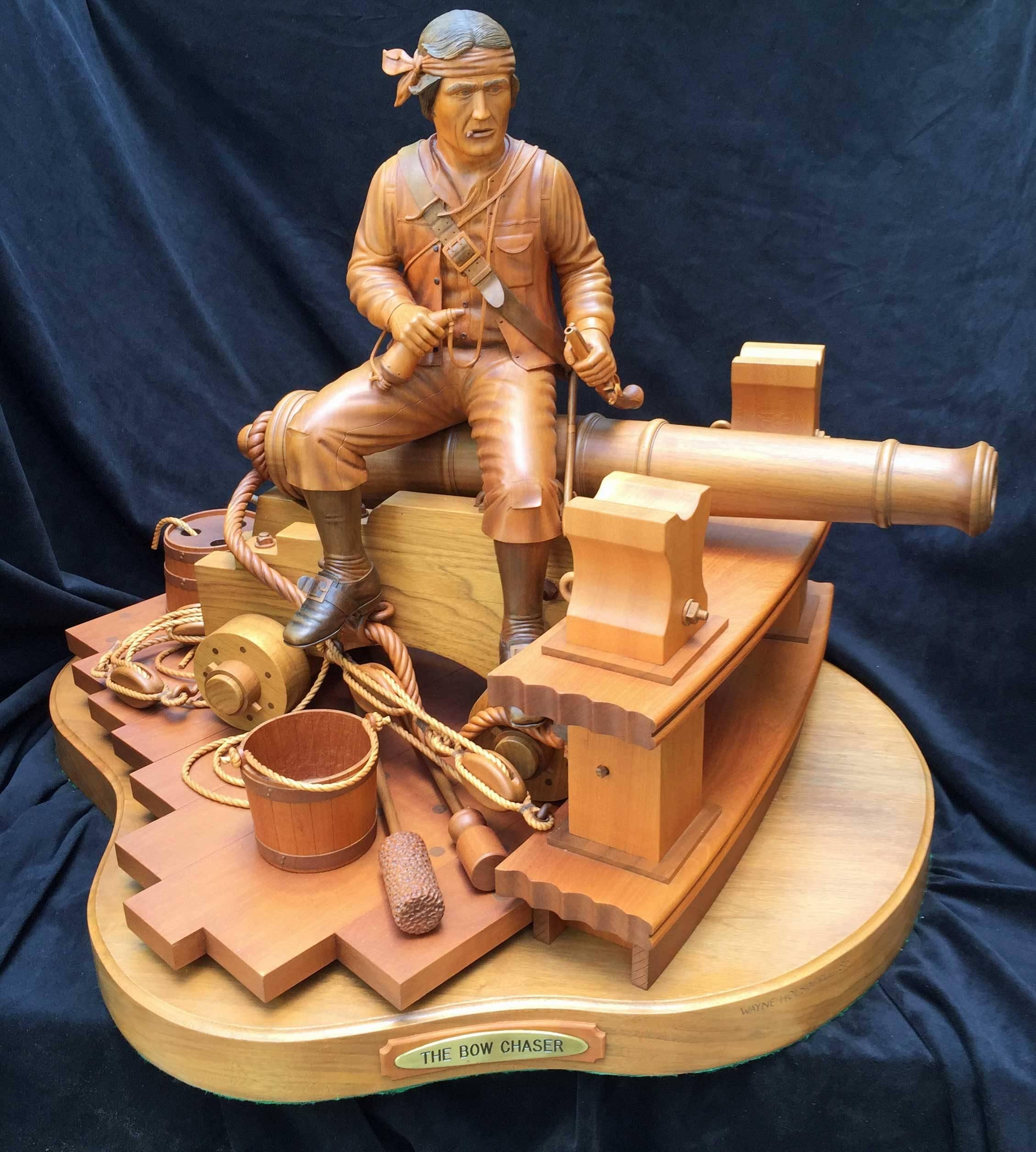 Wayne Holsopple Figurative Sculpture - "The Bow Chaser" - 19th Century Sailor Seated on Cannon Loading his Flintlock