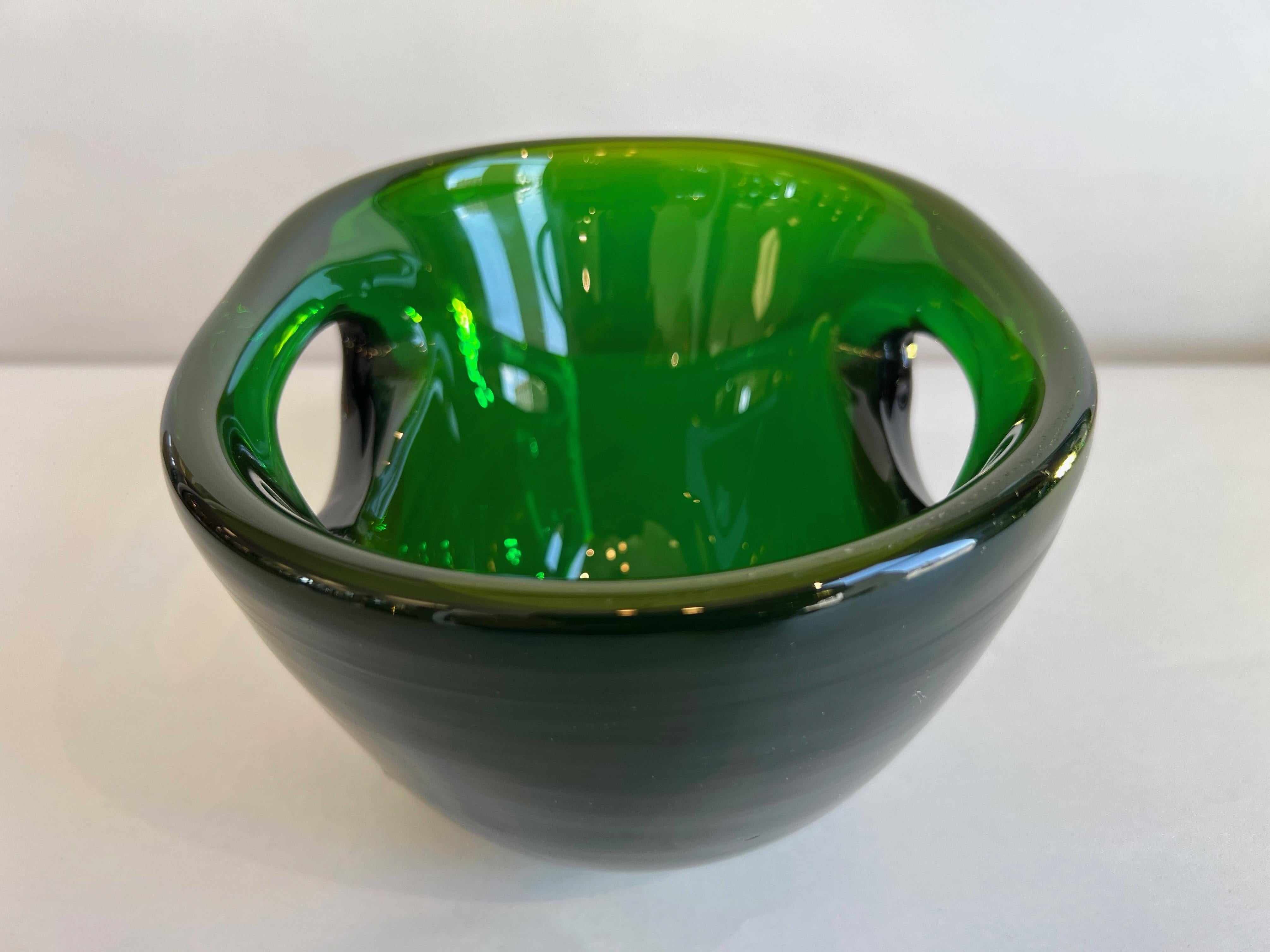 Wayne Husted for Blenko Emerald Green Double-Pierced Glass Bowl #5819, 1958 2