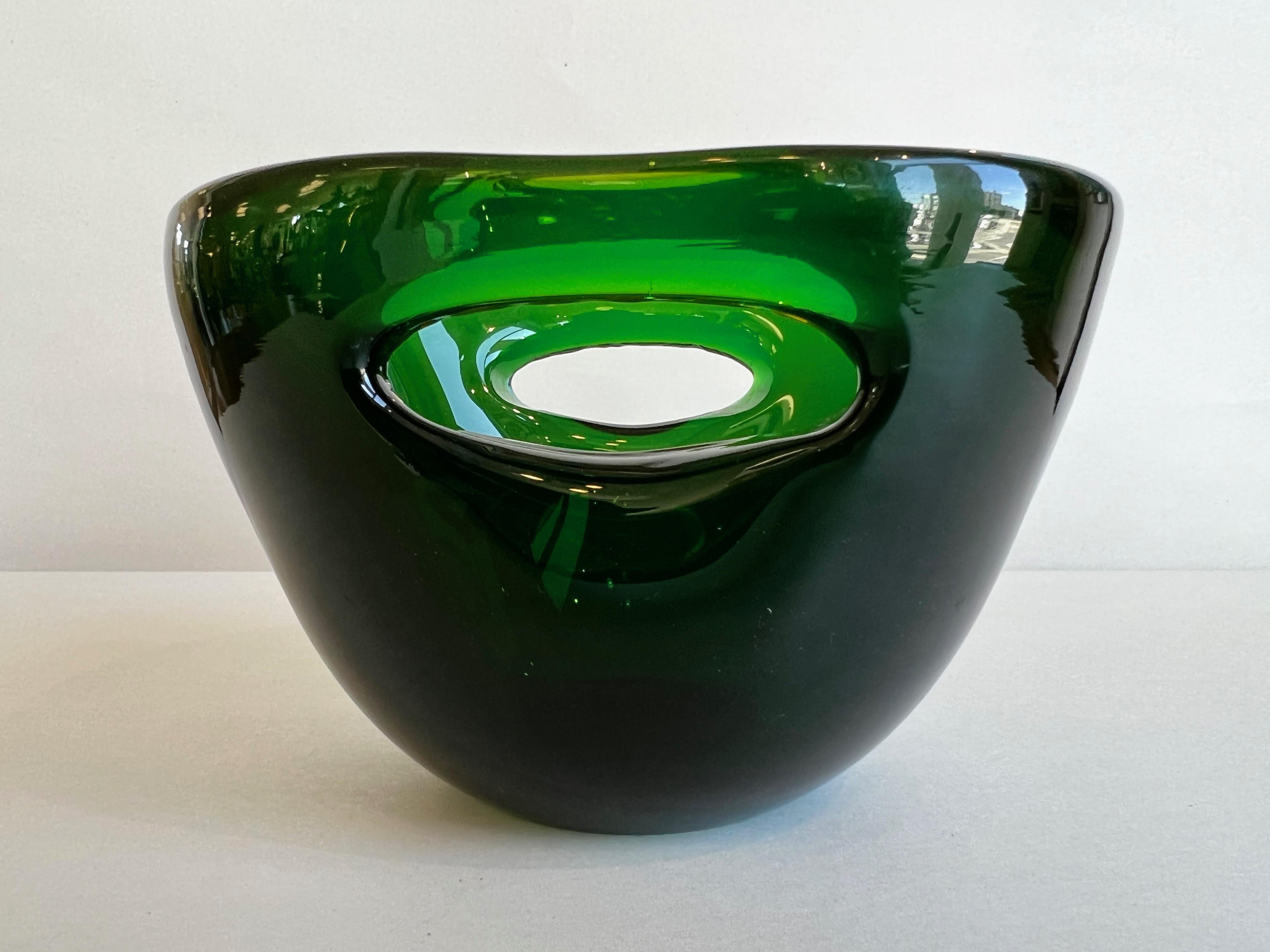 Mid-20th Century Wayne Husted for Blenko Emerald Green Double-Pierced Glass Bowl #5819, 1958