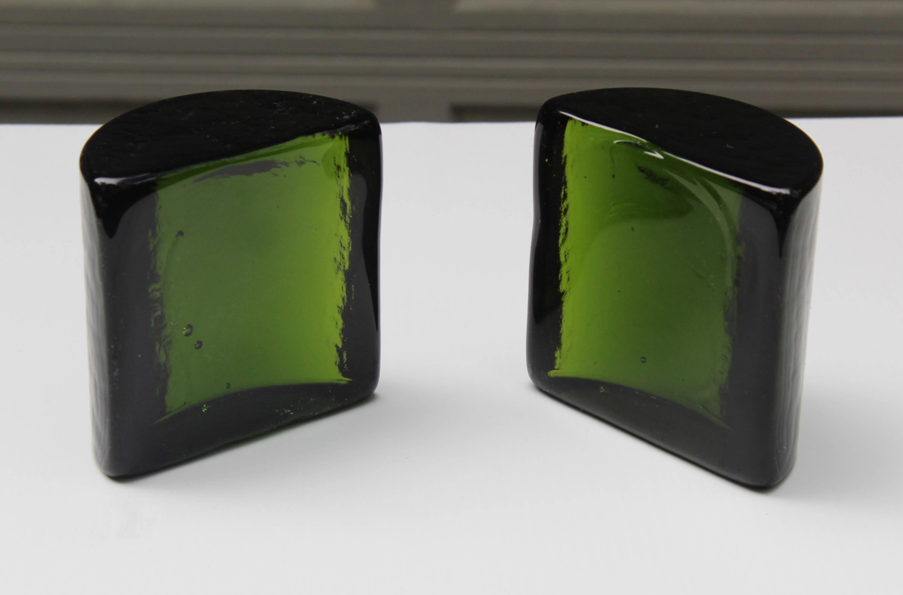 1960s Wayne Husted for Blenko green half moon glass bookends.