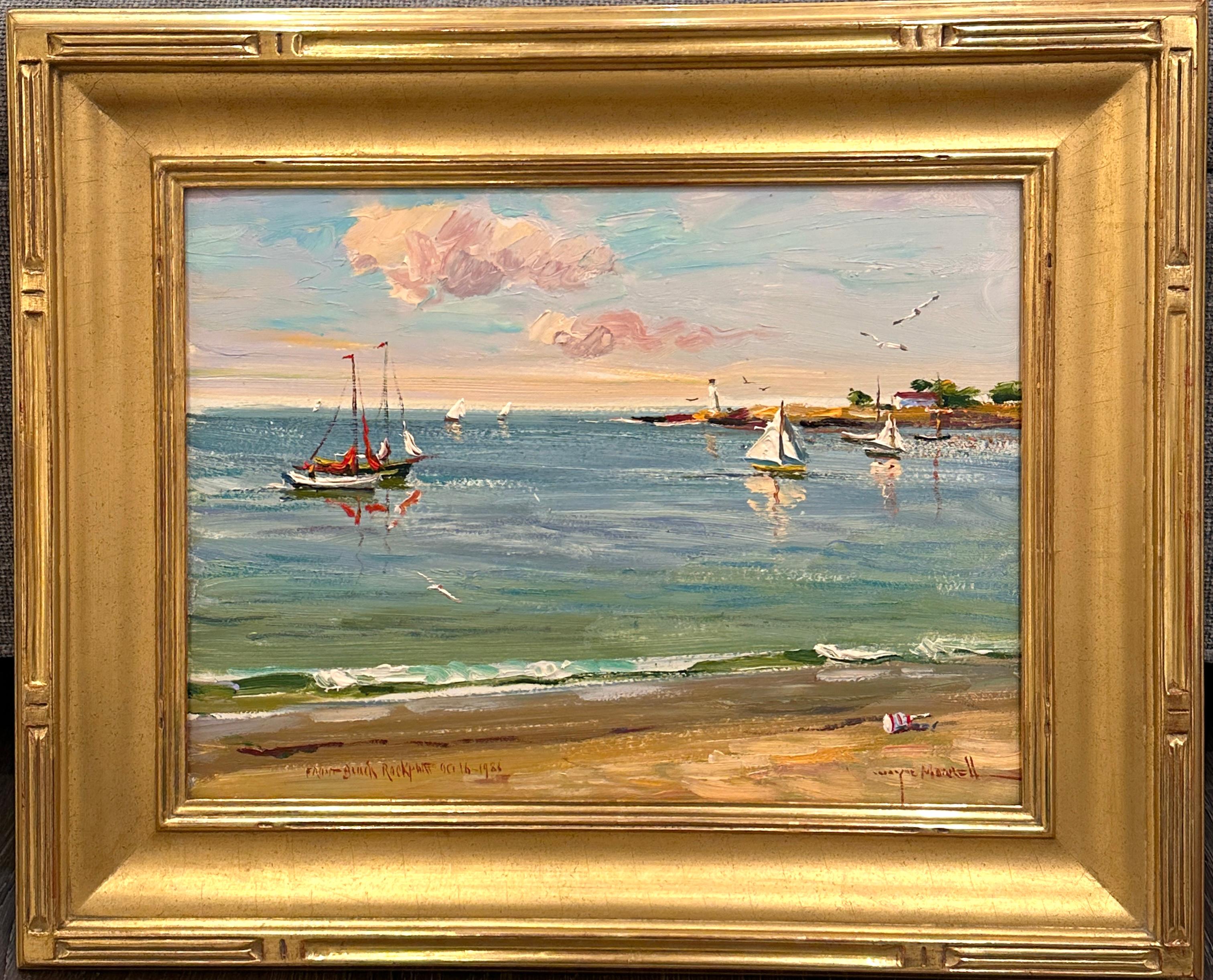 Pintura costera de doble cara de Wayne Morrell Veleros y pueblo costero 1986 en venta 1