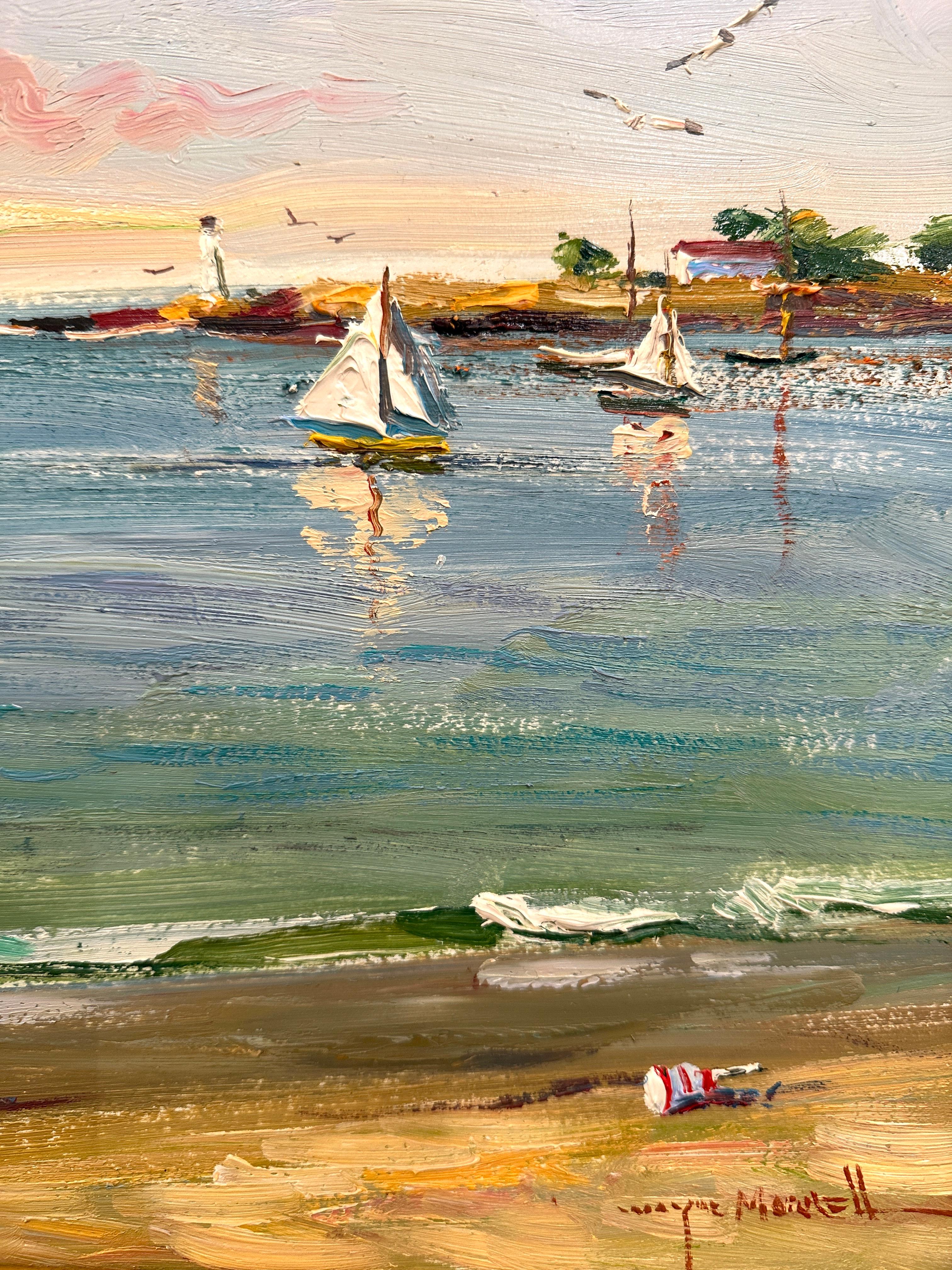 Pintura costera de doble cara de Wayne Morrell Veleros y pueblo costero 1986 en venta 2