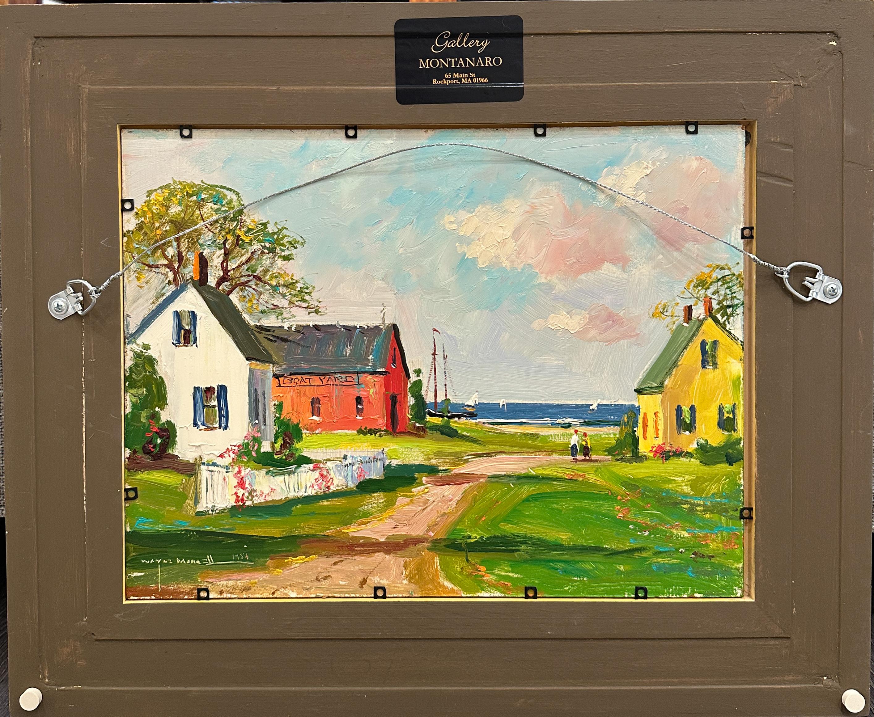 Pintura costera de doble cara de Wayne Morrell Veleros y pueblo costero 1986 en venta 4