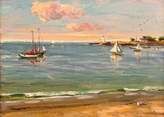 Double-Sided Coastal Painting by Wayne Morrell Sailboats & Seaside Village 1986