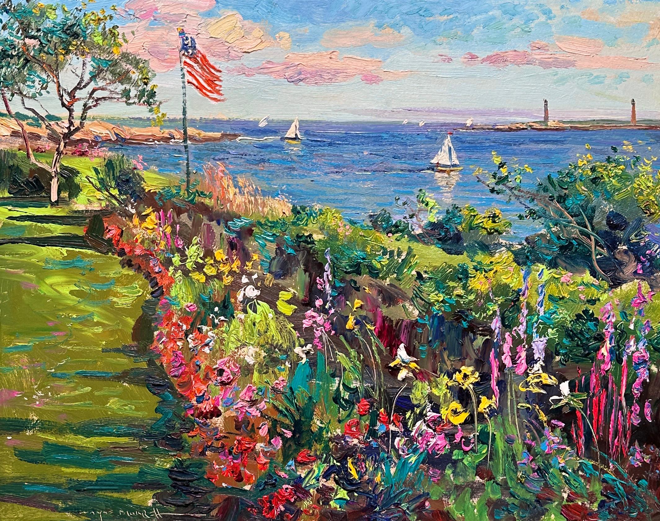 Beautiful color and thick paint representative of the Artist's mature and most desirable period.  Painted in Rockport in back of his fellow artist Paul Strisik's home.  Great view of the twin lights at Thacher Island.  Vibrant color - new frame. 