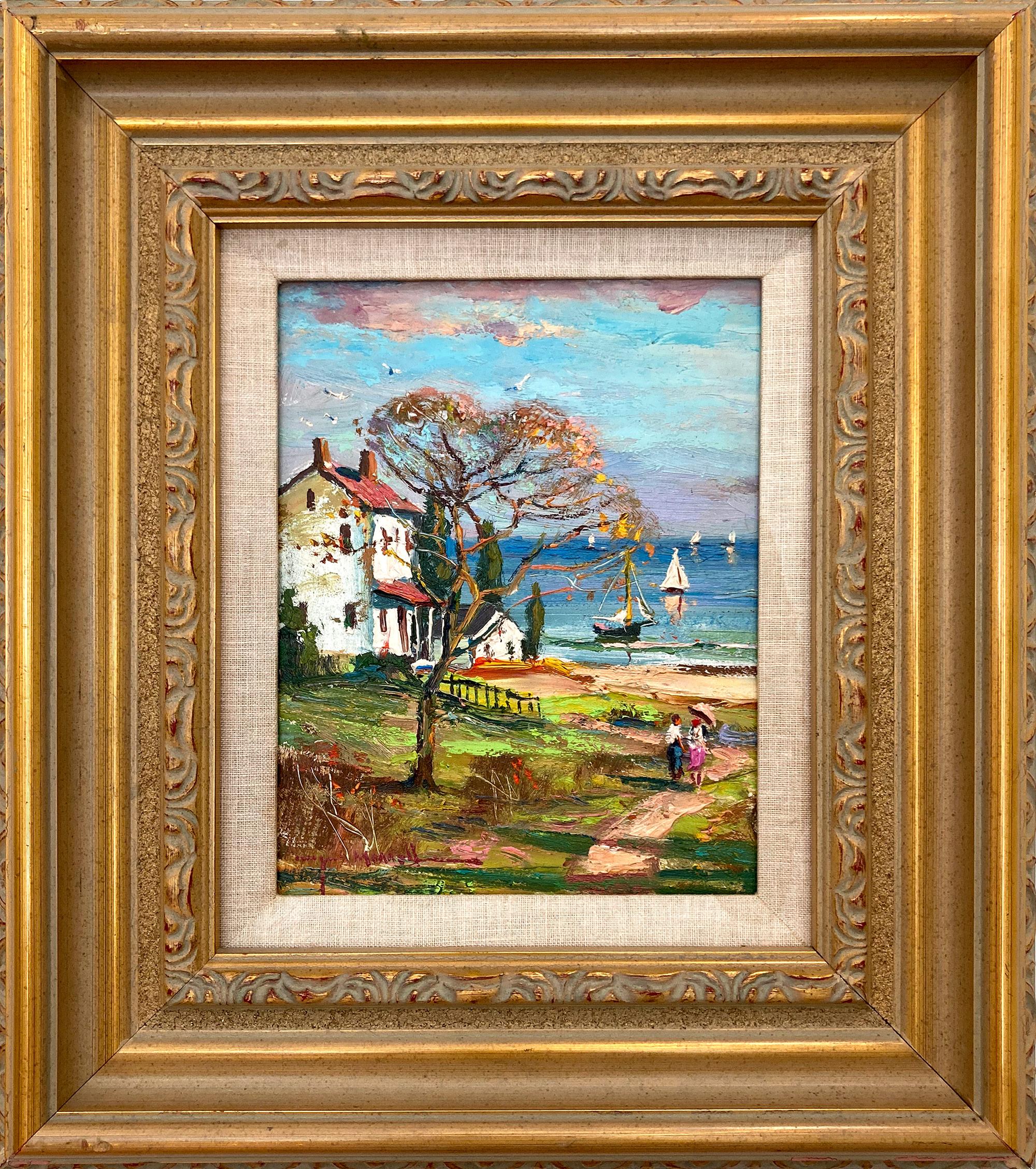 „Rockport Harbor – Granite C. Warf“ – Impressionistisches, idyllisches Ölgemälde mit Landschaftsmotiv