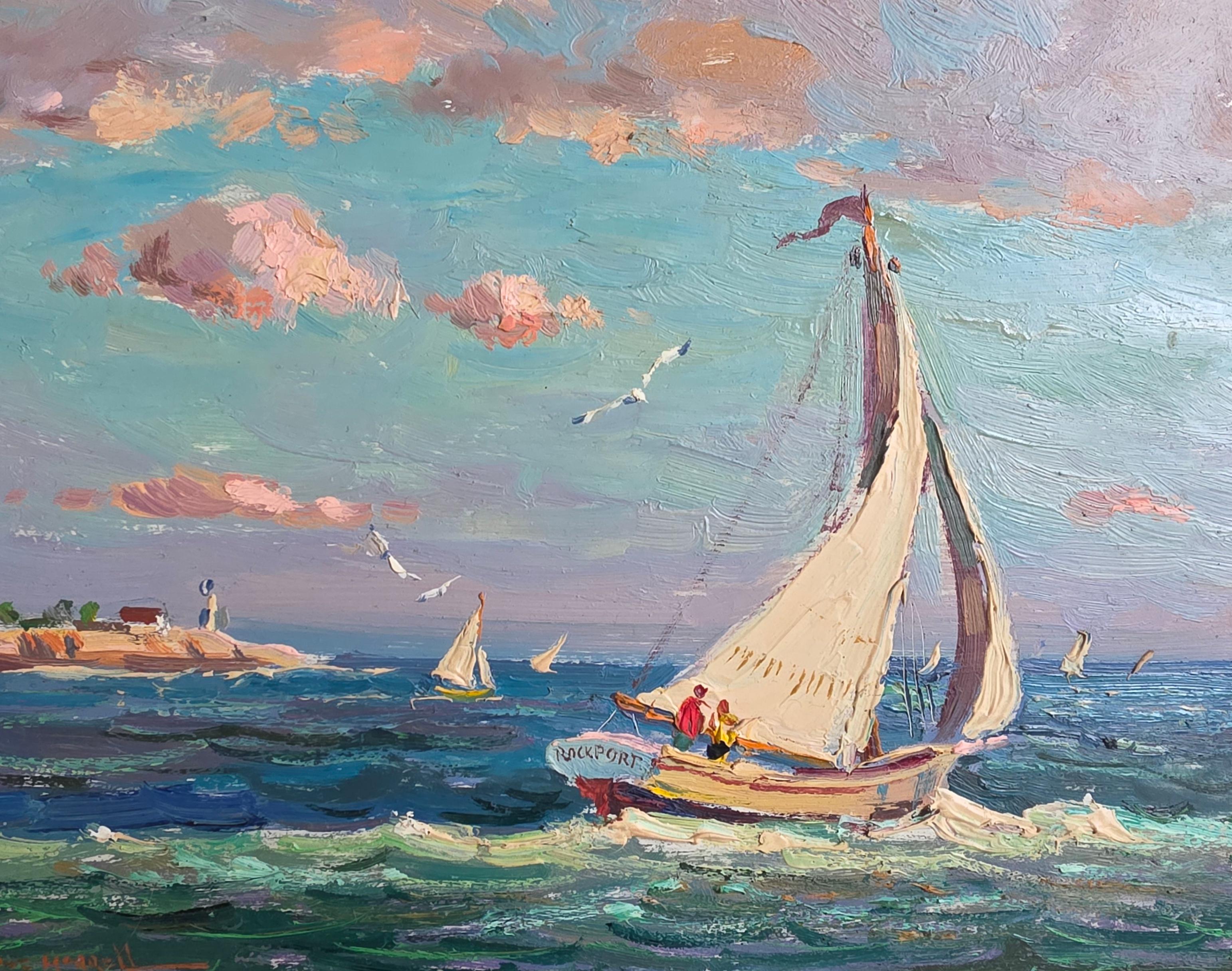 Navigation dans le port de Rockport - Painting de Wayne Morrell