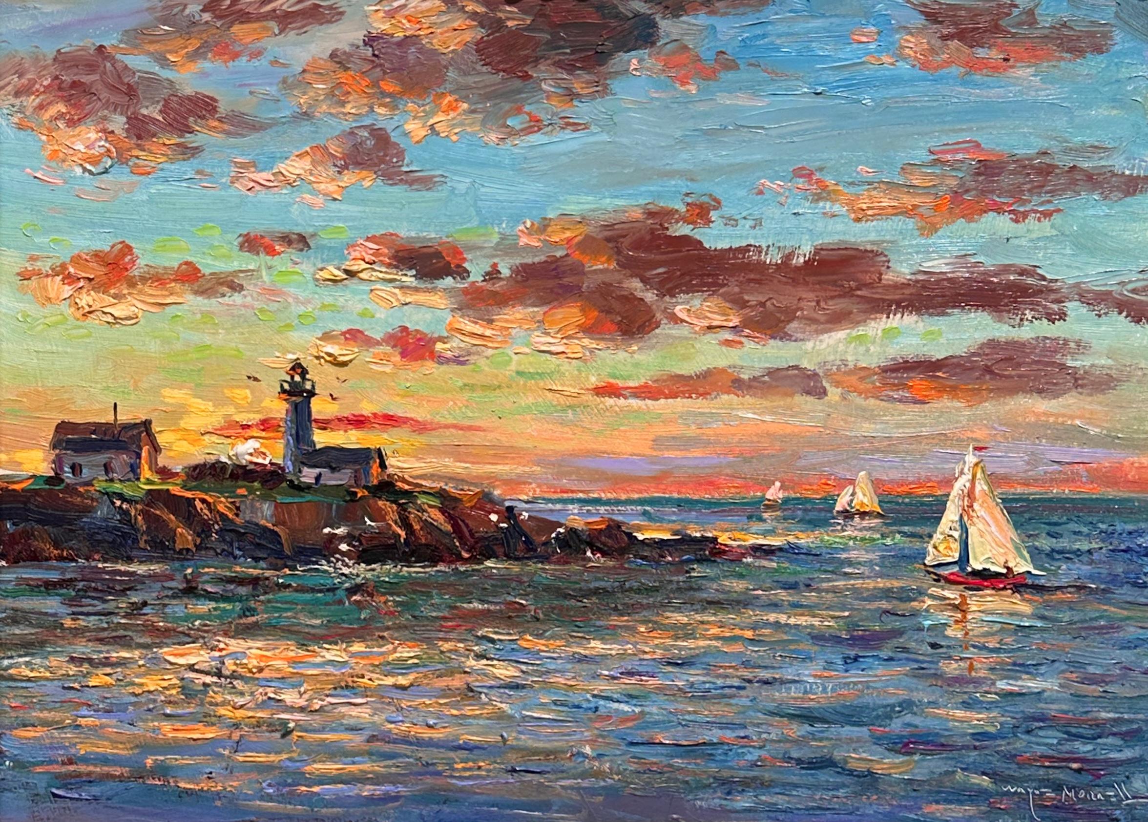 Wayne Morrell (1923-2013), Leuchtturm an der Küste bei Sonnenuntergang mit Segelbooten
