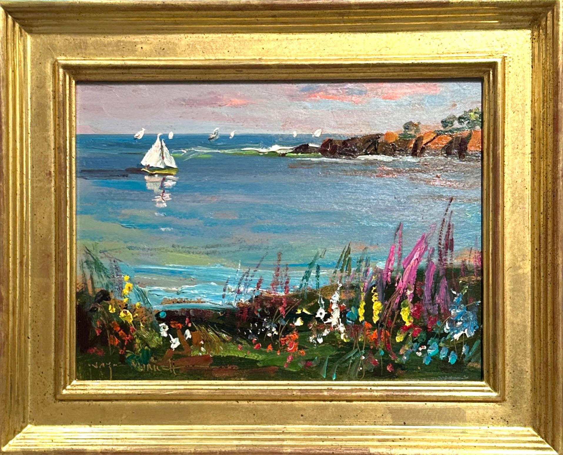 Wayne Morrell Coastal Garden mit Segelbooten Original impressionistische Meereslandschaft im Angebot 1