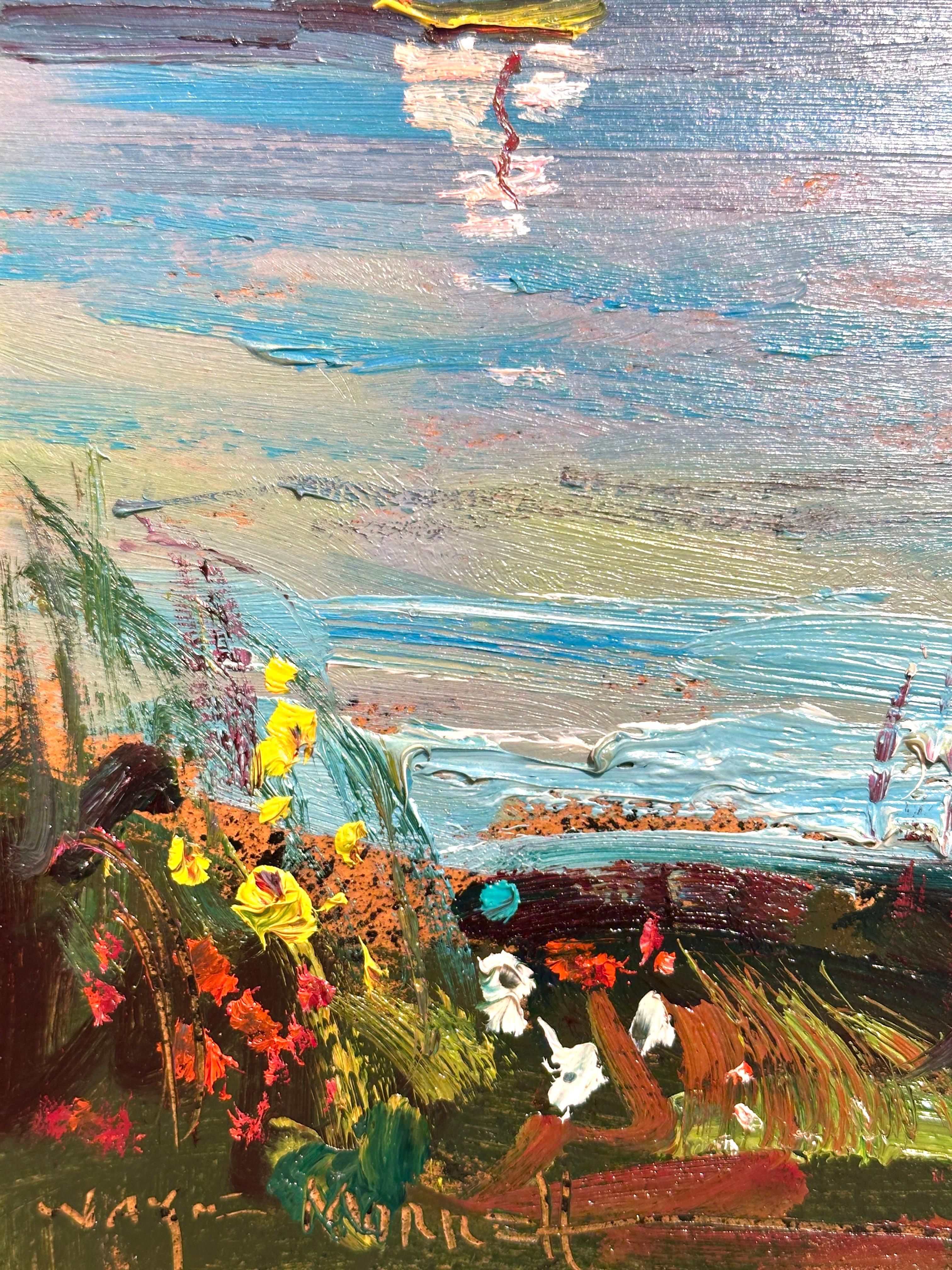 Wayne Morrell Coastal Garden mit Segelbooten Original impressionistische Meereslandschaft im Angebot 2