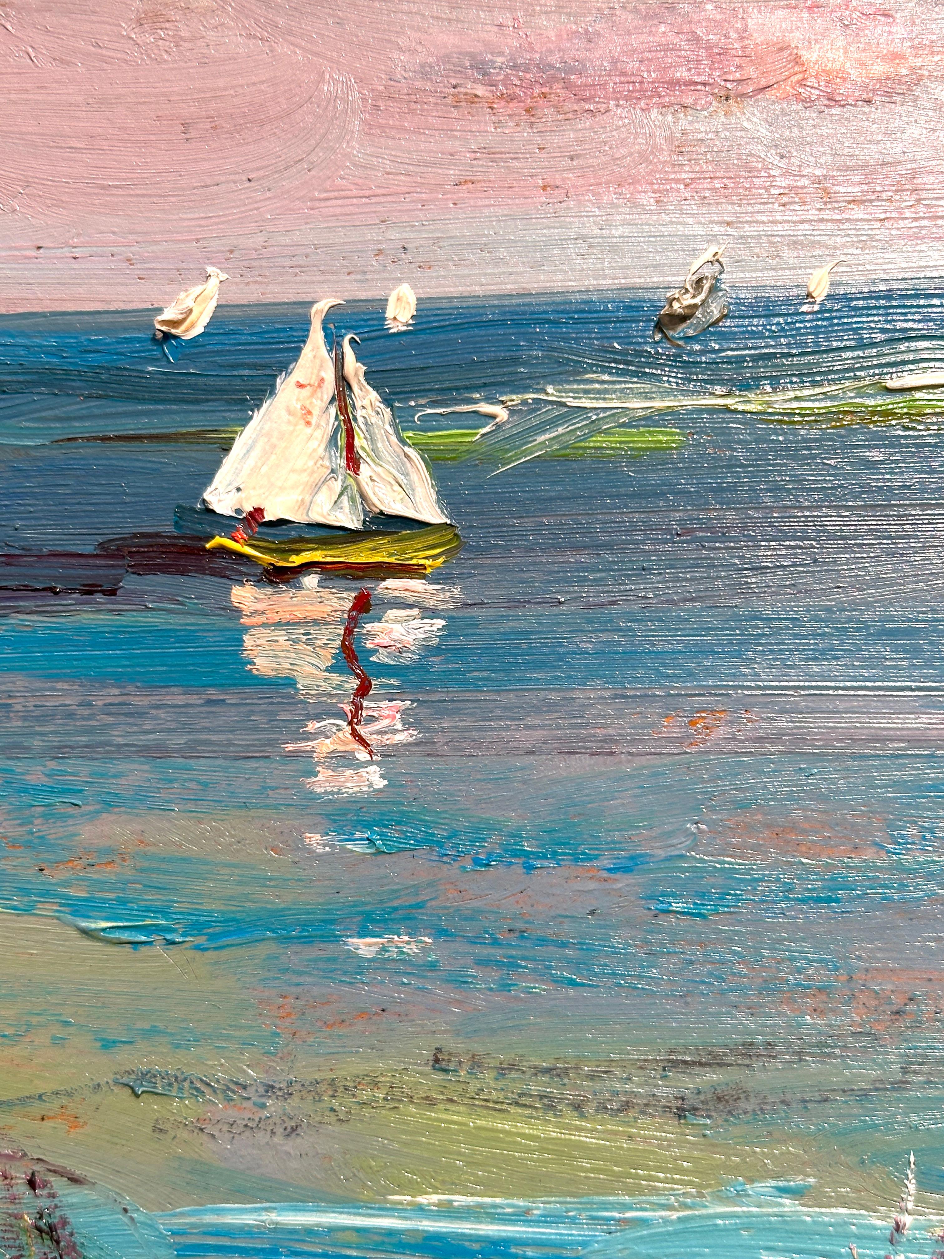 Wayne Morrell Coastal Garden mit Segelbooten Original impressionistische Meereslandschaft im Angebot 4