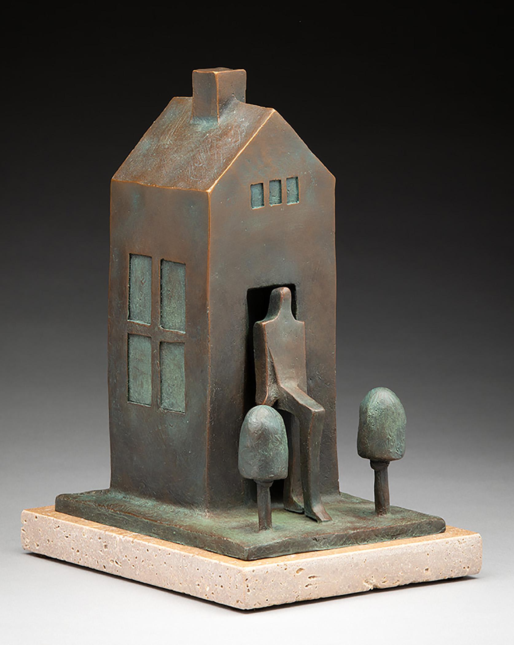Wayne Salge Abstract Sculpture - "Cabin Fever 1" Bronze cast mini sculpture of a house with trees, Cubism 