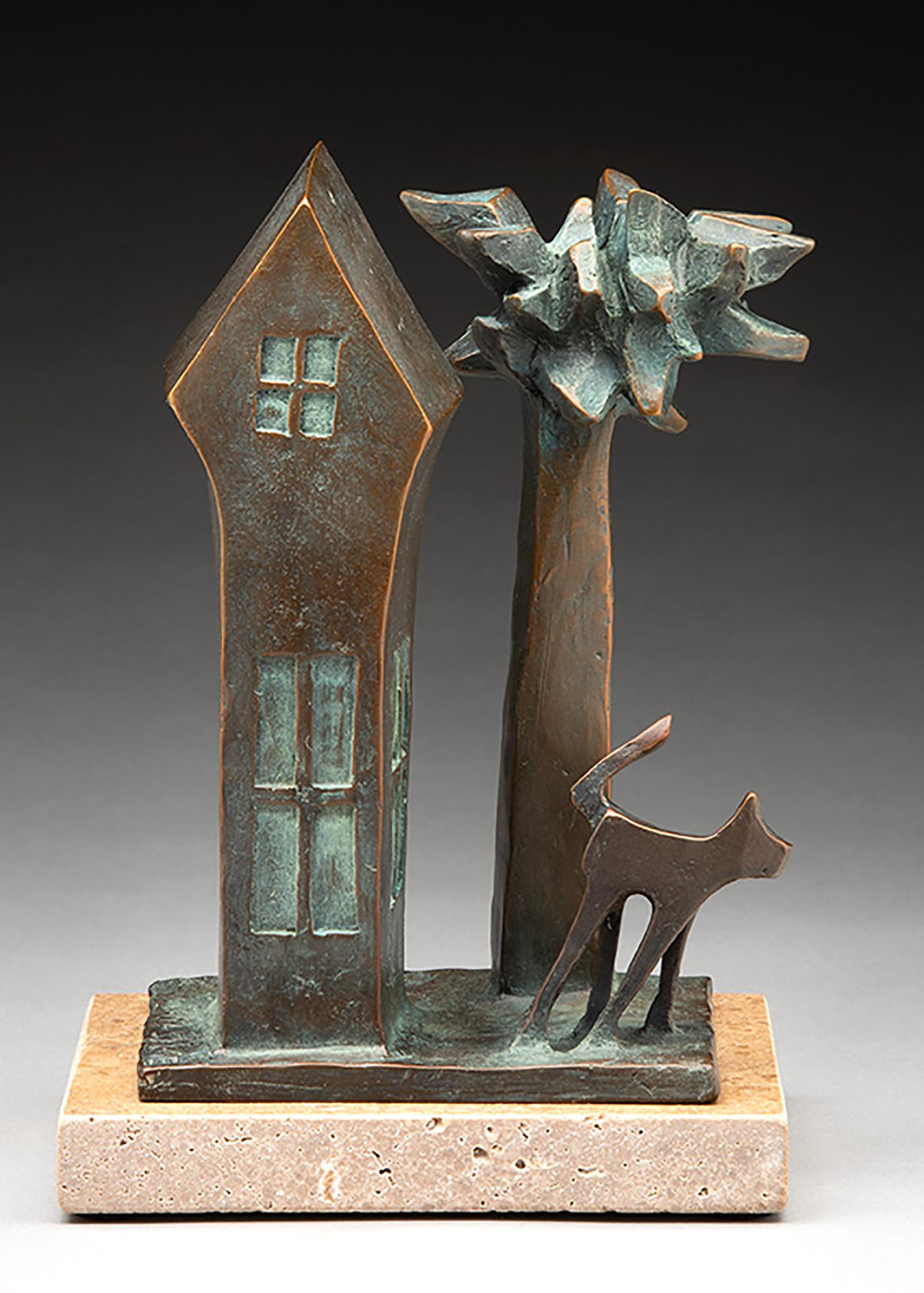 Wayne Salge Abstract Sculpture - "Cabin Fever 3" Bronze cast mini sculpture of a house with tree and cat, Cubism 