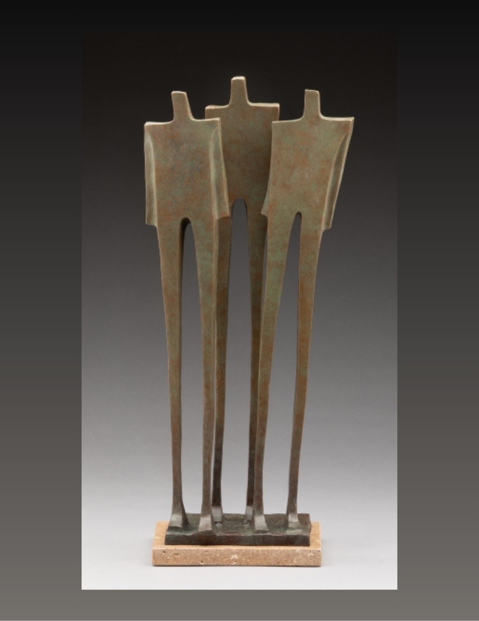 "Fans" vertical bronze piece with three figures standing grounded and tall