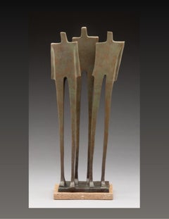 "Fans" vertical bronze piece with three figures standing grounded and tall