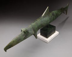 "Garfish" figurative bronze of a long, slender fish with intentional texture