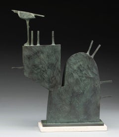 "Launch" contemporary bronze sculpture of a bird on an abstract structure