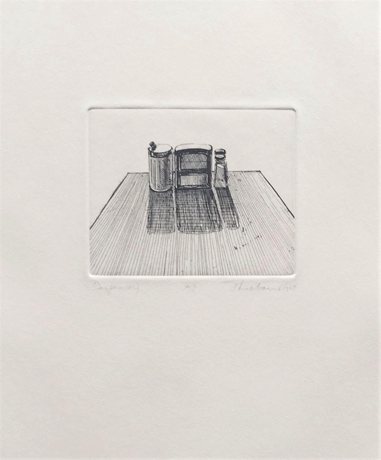 Created in 1964 as part of the Delights portfolio, Café Table (Dispensers), by Wayne Thiebaud is an original etching on BFK Rives paper.  Signed, titled and dated in pencil, the artwork is annotated “AP” (as an artist proof) outside of the edition