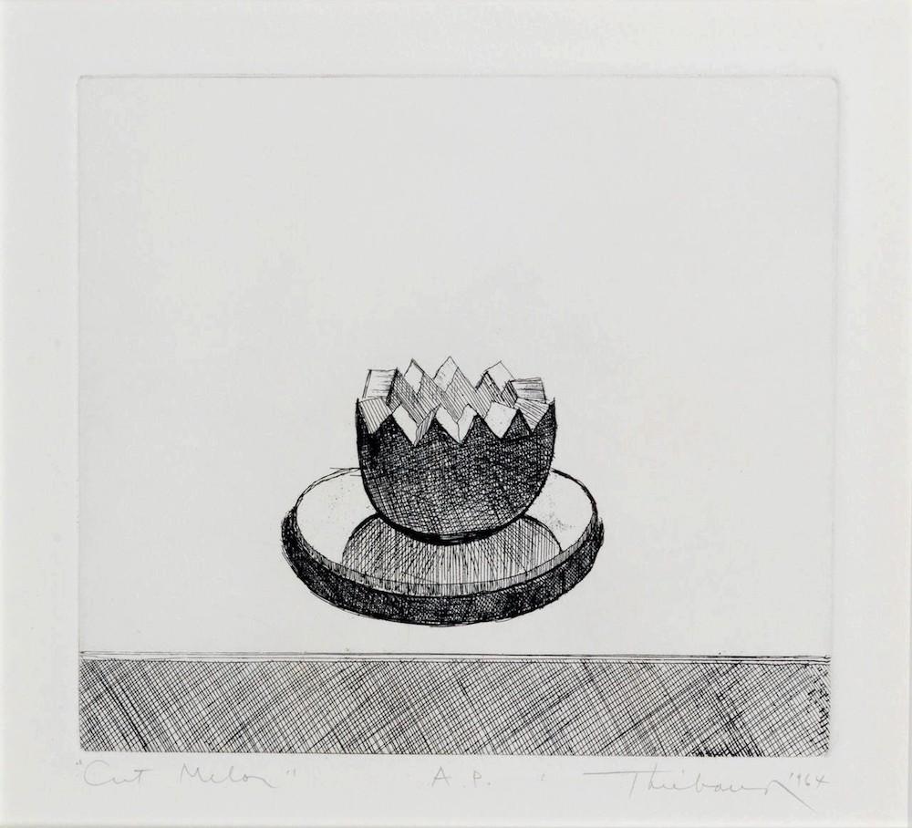 Cut Melon, an etching created by Wayne Thiebaud in 1964, is signed, titled, dated and inscribed “AP” (artist proof), measuring 10 ¾ x 15 inches (27.3 x 38.1 cm).