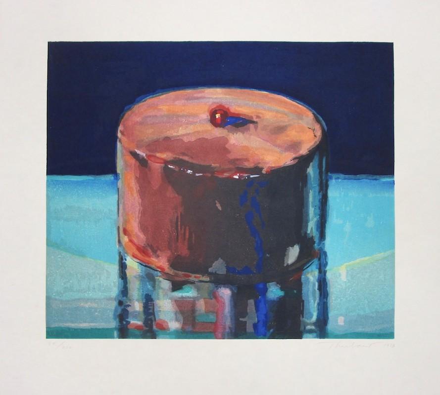 A spectacular (and delicious) image by Wayne Thiebaud, Dark Cake was created by the artist as an original woodcut in colors, hand-signed, dated and numbered in pencil, measuring 20 3/8 x 22 ½ in. (51.8 x 57 cm), unframed, from the edition of 200.