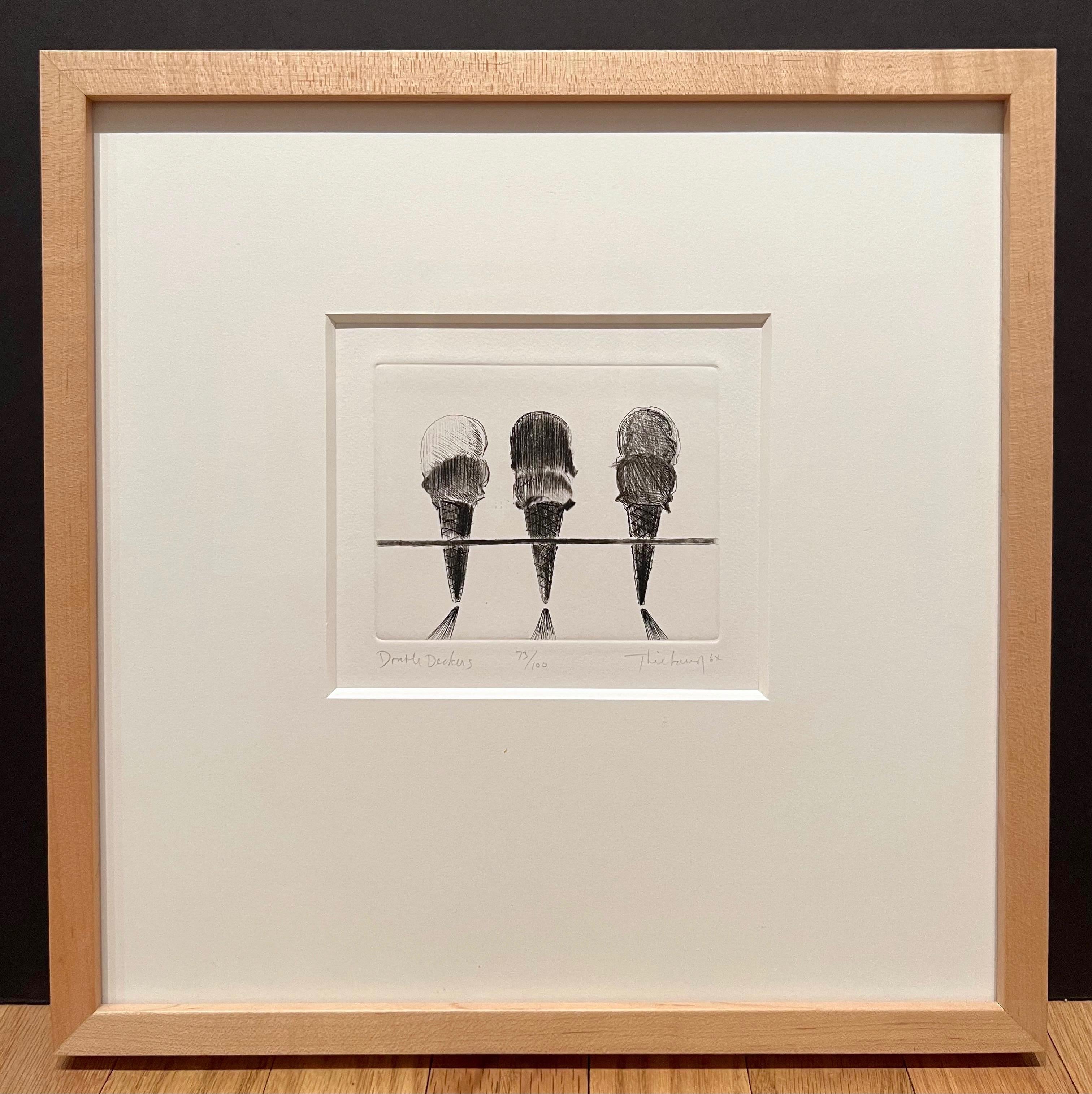 Created in 1964 as part of the Delights portfolio, Café Table (Dispensers), by Wayne Thiebaud is an original etching on BFK Rives paper.  Signed, titled and dated in pencil, the artwork is annotated “AP” (artist proof) and measures 12 7/8 x 10 ¾