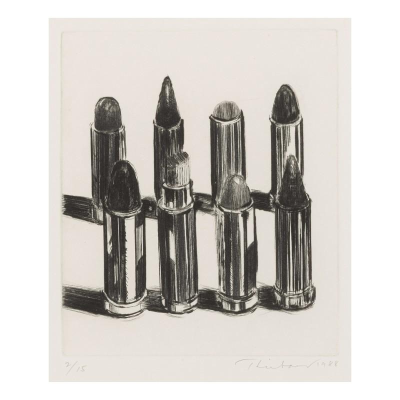 Created by the artist in 1988 as a drypoint etching, Eight Lipsticks, by Wayne Thiebaud, is hand-signed, dated and numbered in pencil, measuring 14 x 12 in. (35.7 x 30.7 cm.) unframed, from the edition of 15 + 10 AP.