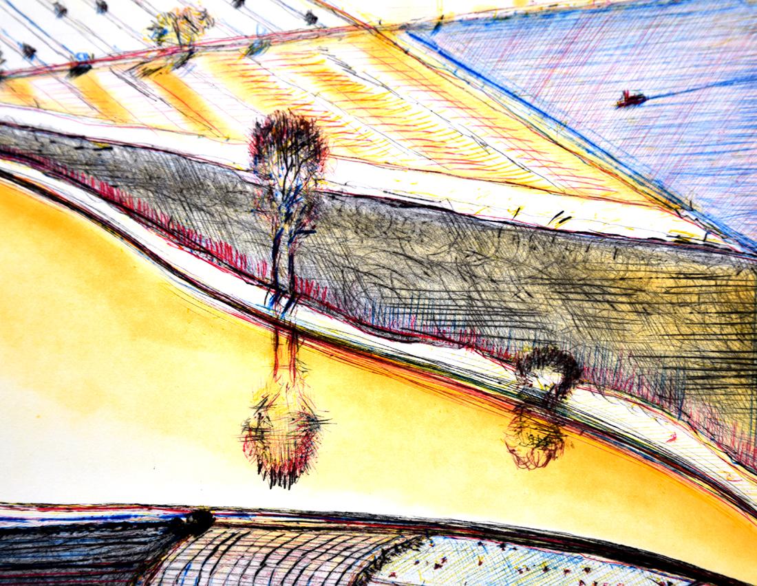 Created in 2002, this Wayne Thiebaud Hill River, 2002 drypoint and aquatint in color on wove paper is hand signed by Wayne Thiebaud (Mesa, 1920 - Sacramento, 2021) in pencil in the lower right margin. This work is numbered from the edition of 40 in