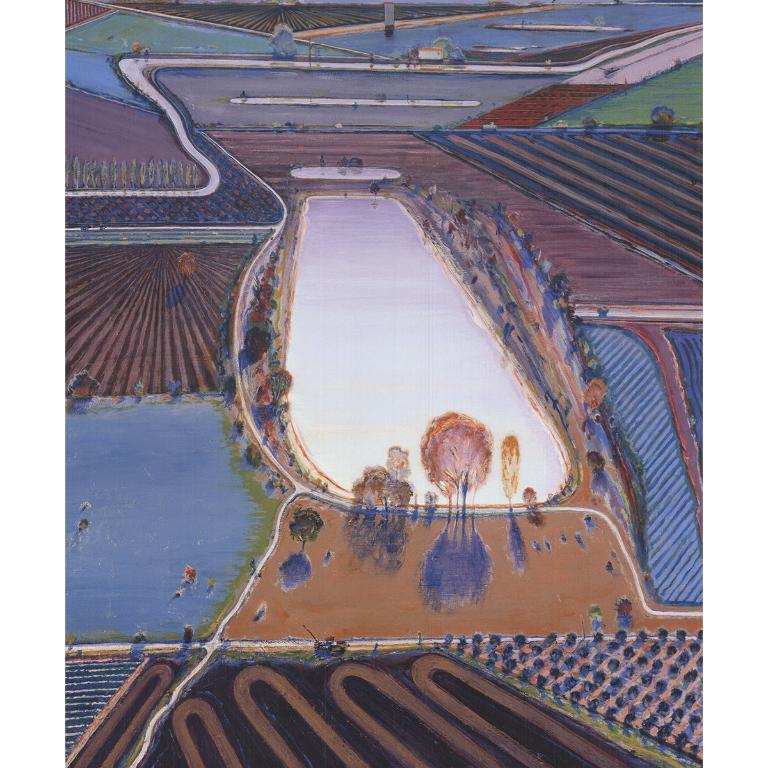 “Ponds and Streams” features a serene and idyllic landscape, characterized by a series of tranquil water bodies intertwined with lush, rolling terrain. Thiebaud’s distinctive use of vibrant colors and bold, dynamic brushstrokes brings the scene to