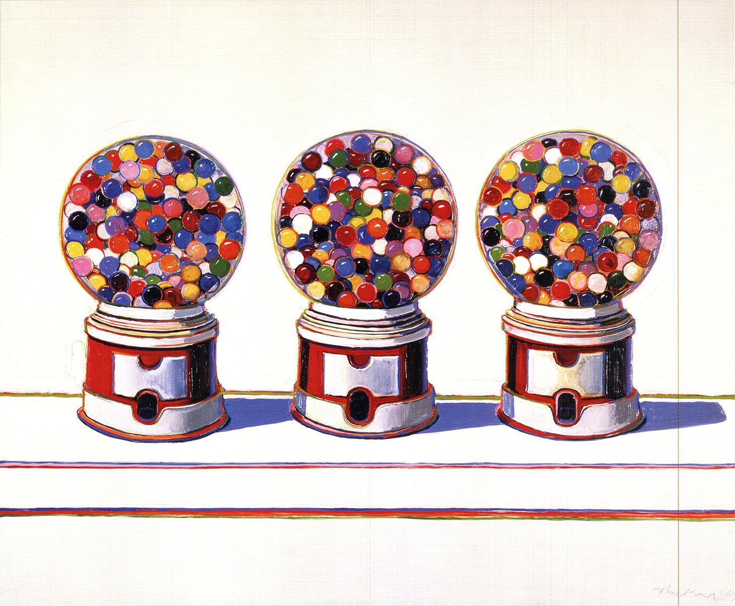 "Three Machines" is a 1963 oil painting by American artist Wayne Thiebaud. The artwork features three gumball machines filled with colorful gumballs, showcasing Thiebaud's characteristic use of vibrant colors and everyday subjects. The painting is